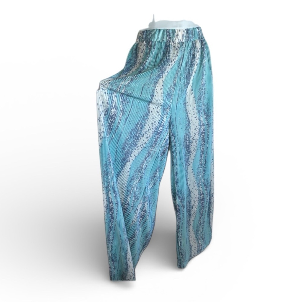 Entro pants Women's M Blue/White print, wide leg micro-pleated elastic waist EUC